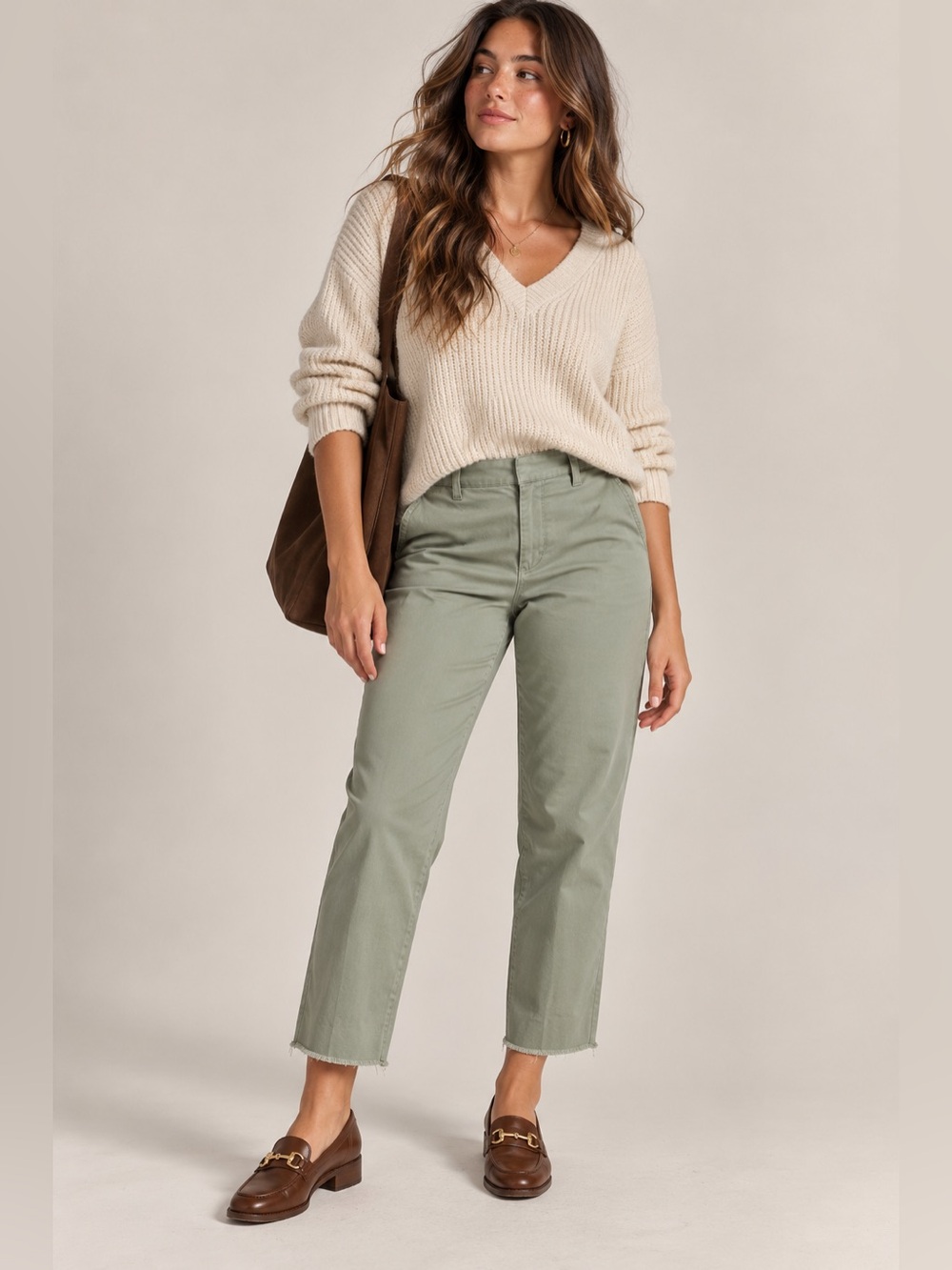 Quince Sz 8 Sage Green Organic Cotton Stretch Chino Ankle Pants Raw Hem
